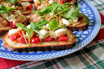 Bruschetta with tomato, tuna, mozzarella and arugula on a plate