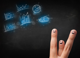 Happy finger smileys with blue chart icons and symbols