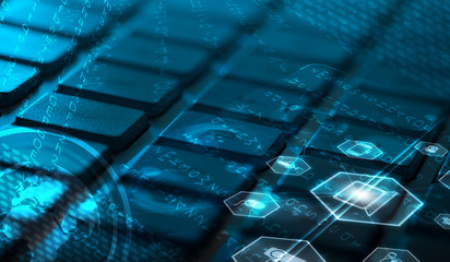 Keyboard with glowing multimedia icons