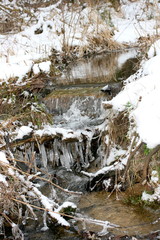 A small winter Creek with icicles