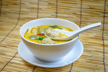 Spicy green curry with pork ball , Thai food cuisine