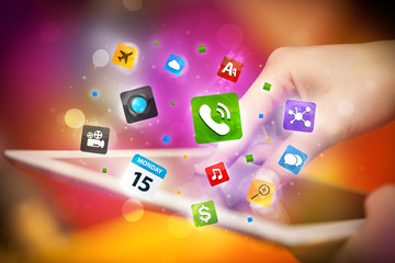 Hand touching tablet pc, social network concept