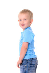 portrait of fashionable little boy in blue t-shirt