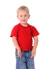 portrait of fashionable little boy in red t-shirt