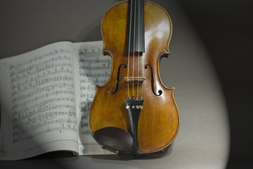 Fototapeta na wymiar beautiful violin on a sheet music background