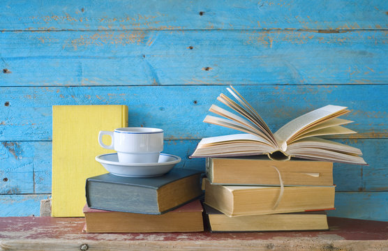 vintage books with a cup of coffee, free copy space
