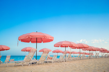 Paradise view of tropical empty plage with umbrella and beach