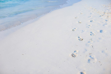 Human footprints on white sand beach