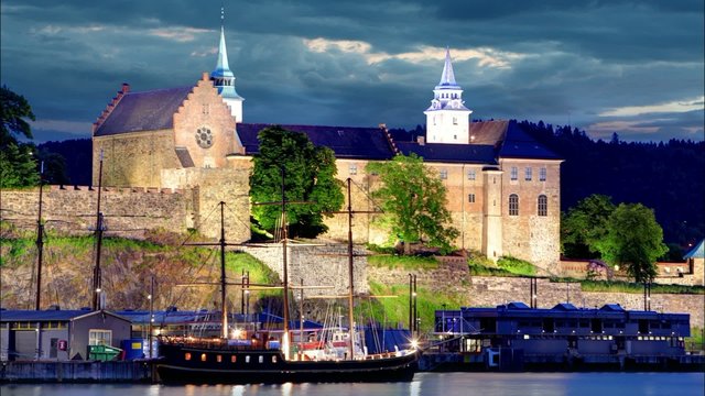 Akershus Fortress at night, Oslo, Norway, Time lapse