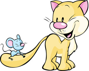 cat playing with mouse - cute illustration isolated