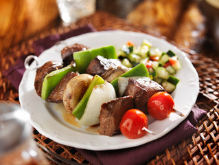steak and vegetable shishkabobs with cucumber salad