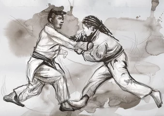 Printed roller blinds Martial arts Judo - an full sized hand drawn illustration