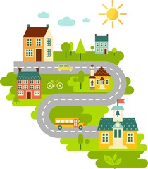 Landscape with houses, school, church and cityscape