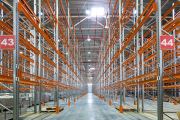 Big warehouse or storage, panorama of modern shelving and racks system