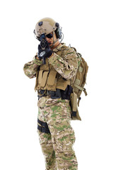 soldier targeting with rifle or sniper  ,isolated on white