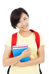 beautiful university student girl standing over white background