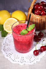Fresh cold cherry cocktail with mint and lemon