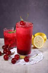 Fresh cold cherry cocktail with mint and lemon