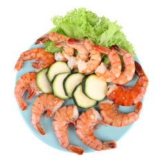Fresh boiled prawns with avocado and lettuce in a blue round