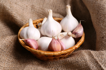Fresh garlic in wicker basket on sackcloth background
