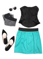 Outfit of clothes and woman accessories
