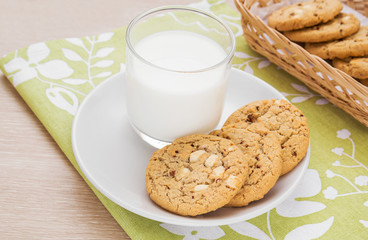 White chocolate chip with raspberry cookie and milk glass