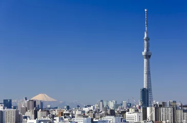 Foto op Plexiglas 快晴青空・美しい富士山と東京スカイツリー（2機の旅客機が飛ぶ） © oka