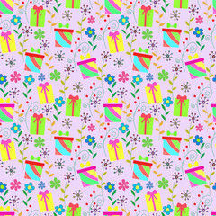 Vector seamless background with colorful boxes and flowers