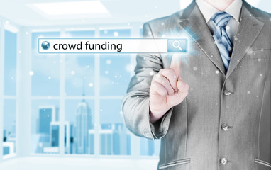 Businessman and crowd funding in search bar
