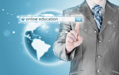 Online education written in search bar on virtual screen.