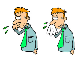 Light skinned man wiping nose with hand and blowing nose