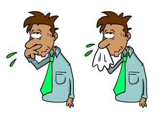Tan skinned man wiping nose with hand and blowing nose