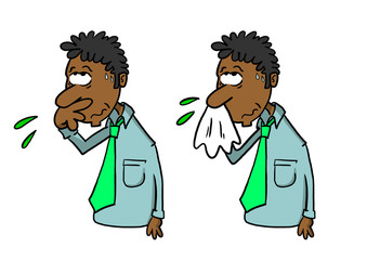 Dark skinned man wiping nose with hand and blowing nose