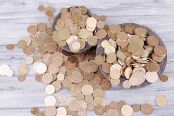 Black round plates full of Ukrainian coins on wooden table