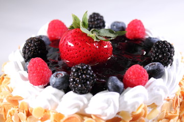 blueberry cheese cake on a tiny plate, the topping is strawberr