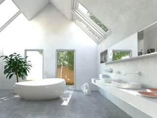 Helles lichtdurchflutetes Badezimmer mit moderner Einrichtung