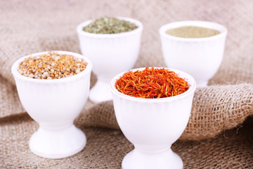 Small round tea bowls with different seasoning