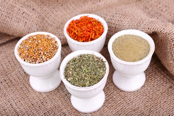 Small round tea bowls with different seasoning