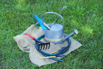 Garden tools on green grass background