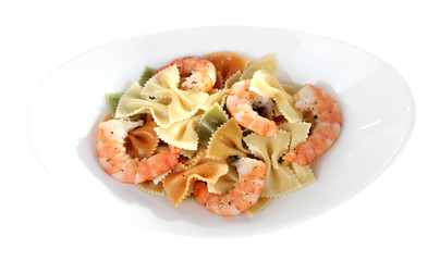Fresh prawns with coloured macaroni in a white oval bowl