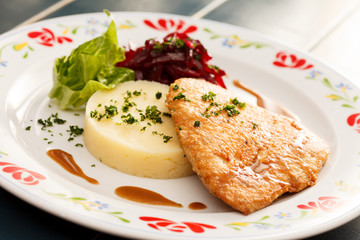 chicken fillet with mashed potato and beetroot salad
