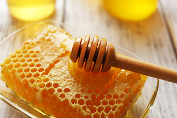 Honeycomb on wooden table