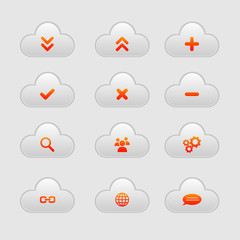 Collection of 12 cloud icons in red and light grey design.