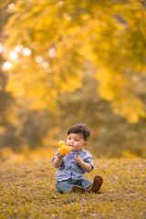 Asian 10-month old boy having fun outdoors