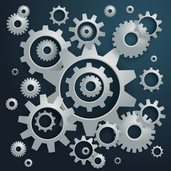 Connected realistic dimensional gear cogs silhouettes