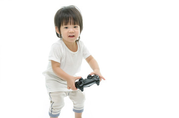 Little  asian baby using video game controller.