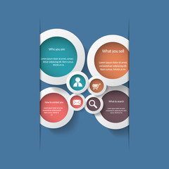 Round white infographic elements with various icons