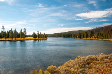 Scenic view of autumn calm river.