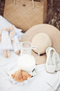 Picnic detail: hat, milk, tilda, croissant, shoes on white plied