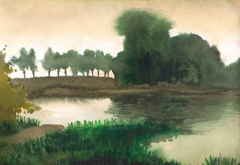 Obraz premium Watercolor landscape. Trees on the shore of quiet lake